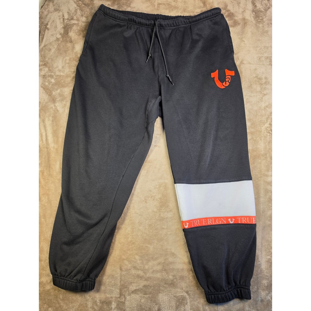 True Religion Mens Jogger Sweatpants Black Red Horseshoe Logo Colorblock XL